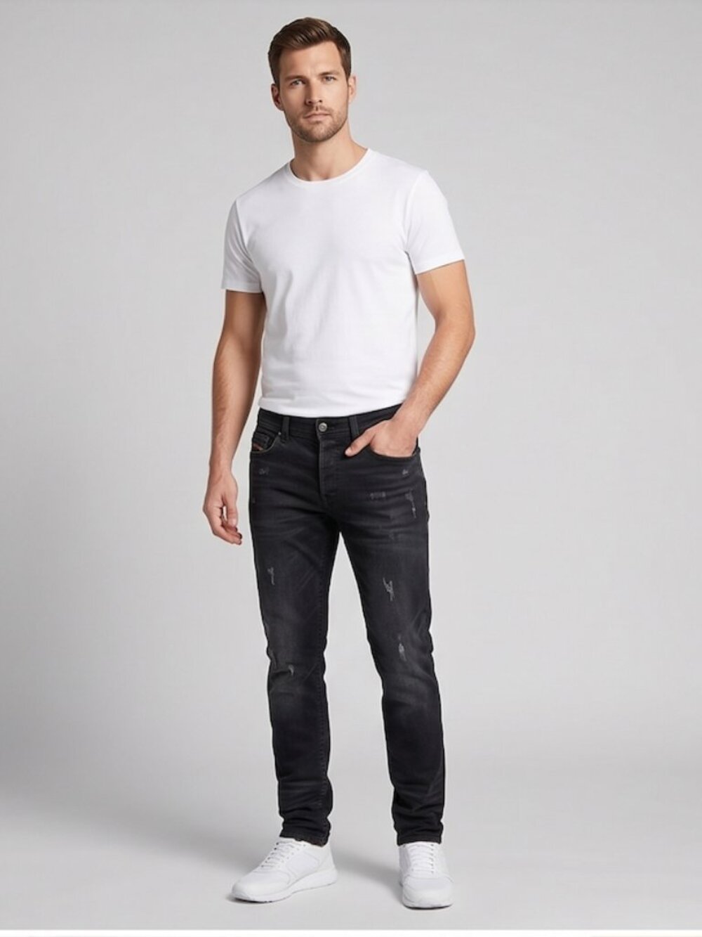 Diesel Jeans Mens Tepphar Slim Carrot Button Fly Distressed Black